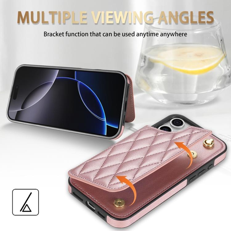 Estuche para Teléfono iPhone 12 Pro Max con Ranuras para Tarjetas y Hebilla Doble Rombal con Cordón (Oro Rosa)