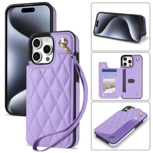 Estuche para Teléfono iPhone 12 Pro Max Ranuras para Tarjetas Hebilla Doble Cordón (Morado)