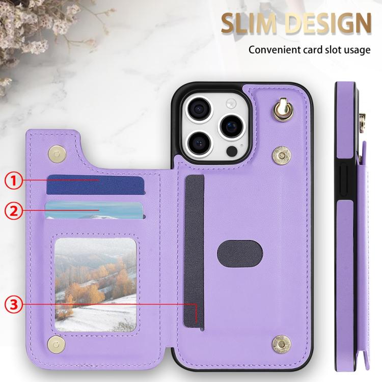 Estuche para Teléfono iPhone 12 Pro Max Ranuras para Tarjetas Hebilla Doble Cordón (Morado)