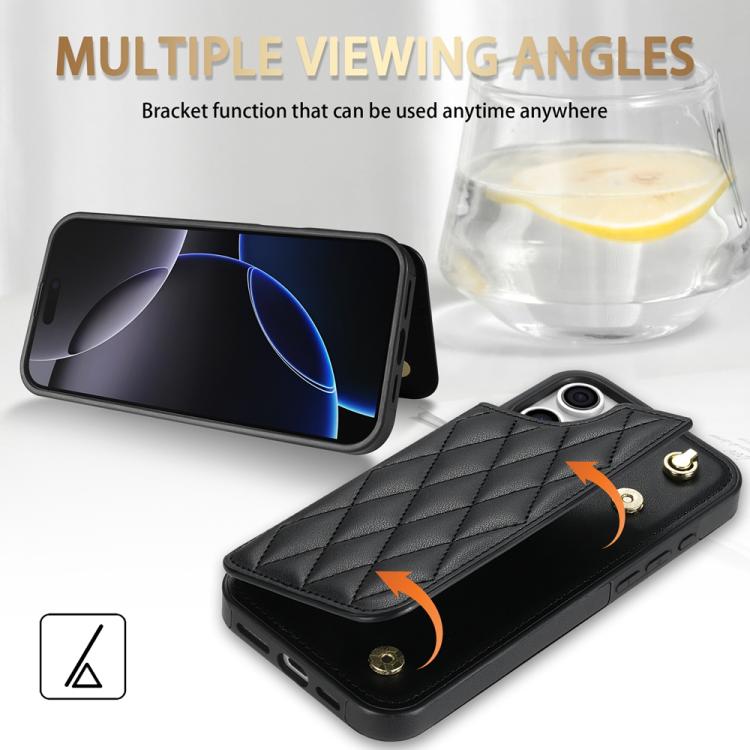 Estuche para Teléfono iPhone 11 Pro Max con Ranuras para Tarjetas y Hebilla Doble Rombal con Cordón (Negro)