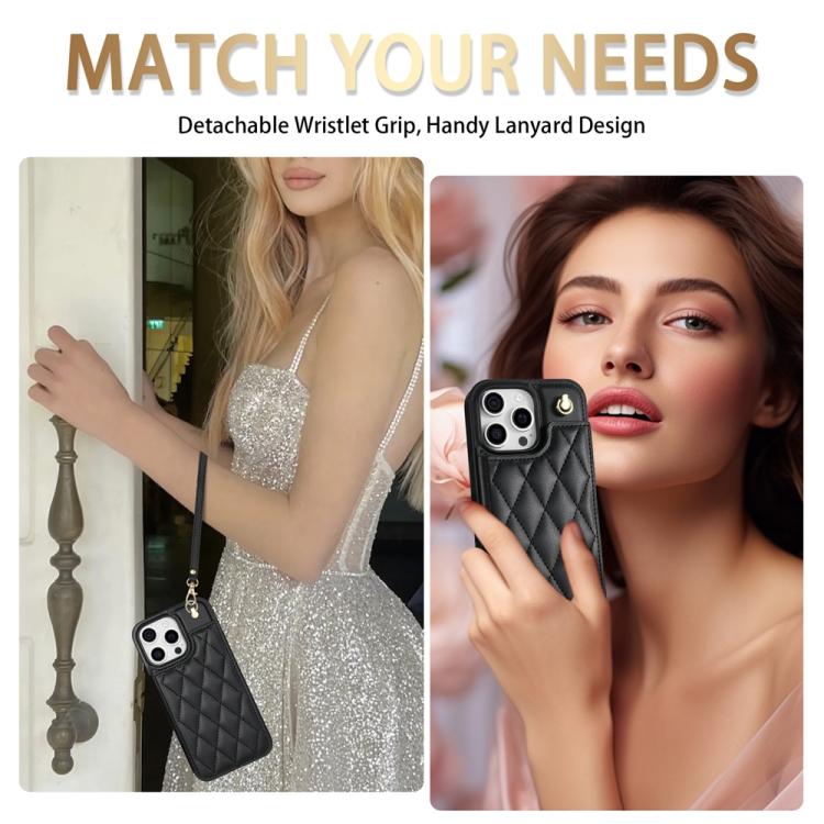 Estuche para Teléfono iPhone 11 Pro Max con Ranuras para Tarjetas y Hebilla Doble Rombal con Cordón (Negro)