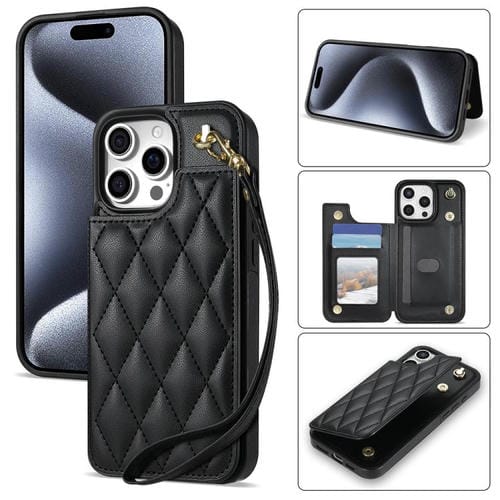 Estuche para Teléfono Rombal iPhone 11 Pro Ranuras Tarjetas Hebilla Cordón (Negro)