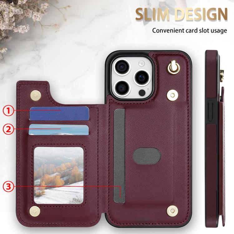 Estuche para Teléfono iPhone 11 Pro Ranuras para Tarjetas Hebilla Doble Rombal con Cordón (Rojo Vino)