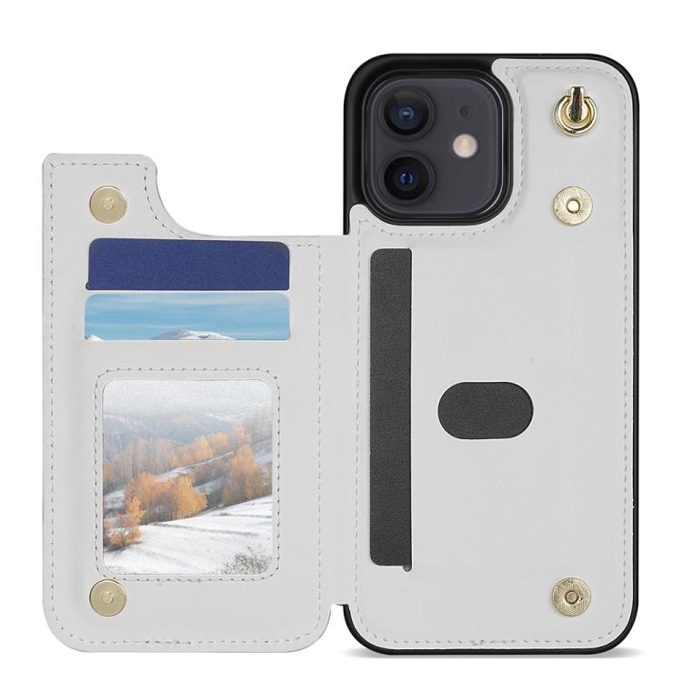 Estuche para Teléfono iPhone 11 con Ranuras para Tarjetas y Hebilla Doble Rombal con Cordón (Blanco)