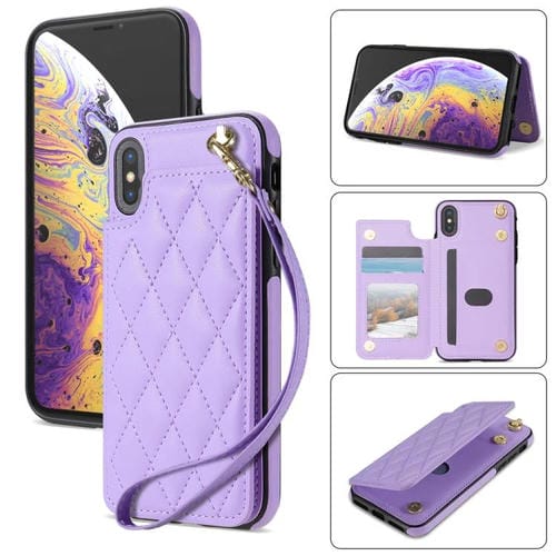 Estuche para Teléfono iPhone X/Xs Ranuras para Tarjetas Hebilla Doble Cordón (Morado)