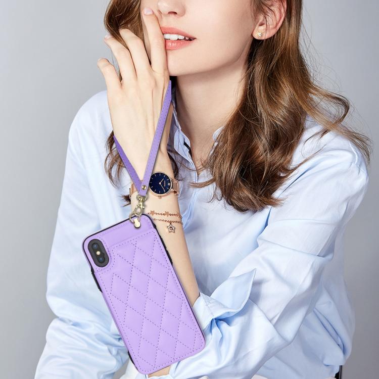 Estuche para Teléfono iPhone X/Xs Ranuras para Tarjetas Hebilla Doble Cordón (Morado)