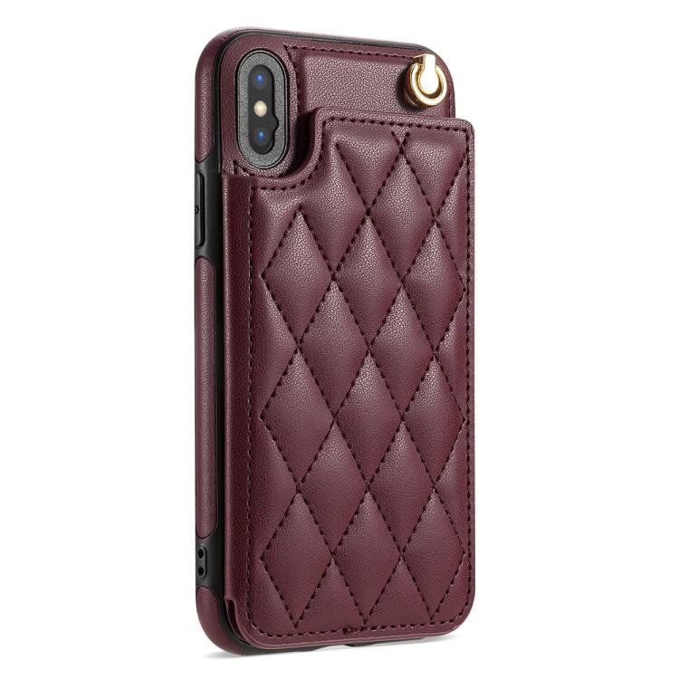 Estuche para Teléfono iPhone Xr Ranuras Tarjetas Hebilla Doble Rombal con Cordón (Rojo Vino)