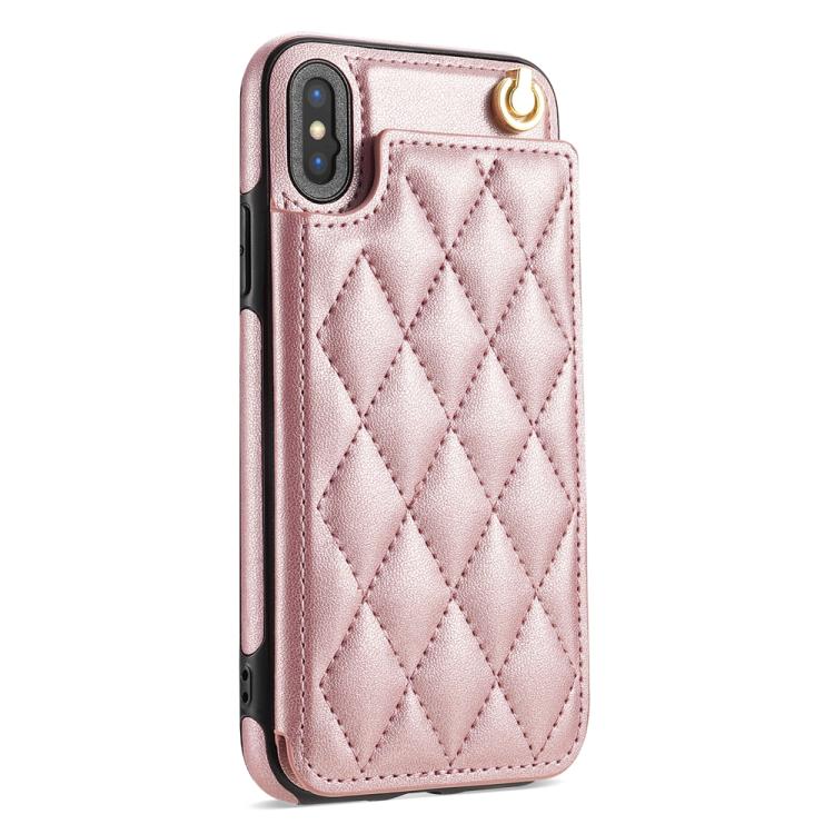 Estuche para Teléfono Rombal iPhone Xr Ranuras Tarjetas Hebilla Doble con Cordón (Oro Rosa)