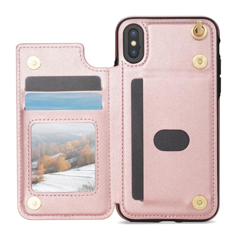 Estuche para Teléfono Rombal iPhone Xr Ranuras Tarjetas Hebilla Doble con Cordón (Oro Rosa)