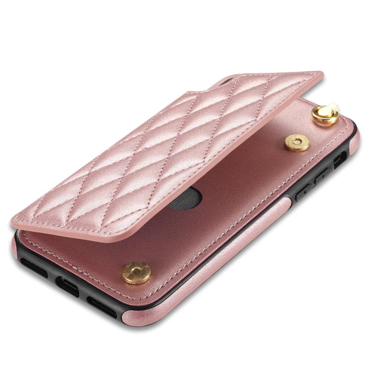Estuche para Teléfono Rombal iPhone Xr Ranuras Tarjetas Hebilla Doble con Cordón (Oro Rosa)