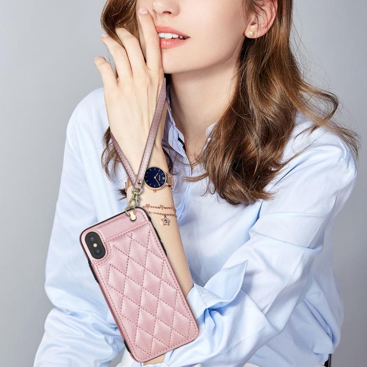 Estuche para Teléfono Rombal iPhone Xr Ranuras Tarjetas Hebilla Doble con Cordón (Oro Rosa)