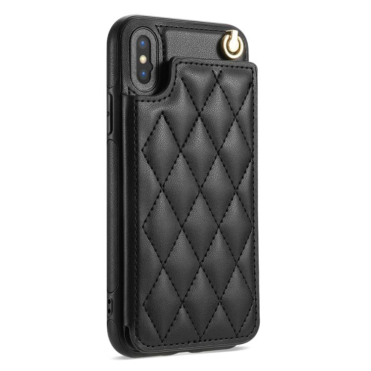 Estuche para Teléfono iPhone Xs Max con Ranuras para Tarjetas y Hebilla Doble Rombal con Cordón (Negro)
