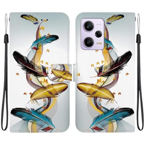 Funda de Cuero con Dibujo de Colores y Textura de Cristal para Redmi Note 12 Pro/Poco X5 Pro (Plumas de Mariposa Doradas)