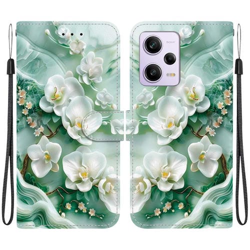 Funda de Teléfono de Cuero con Dibujo de Colores y Textura de Cristal para Redmi Note 12 Pro / Poco X5 Pro (Flores de Jade)