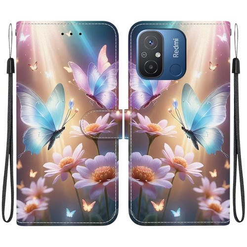 Funda de Cuero con Dibujo de Colores y Textura de Cristal para Redmi 12C/11A (Mariposa, Amor y Flores)