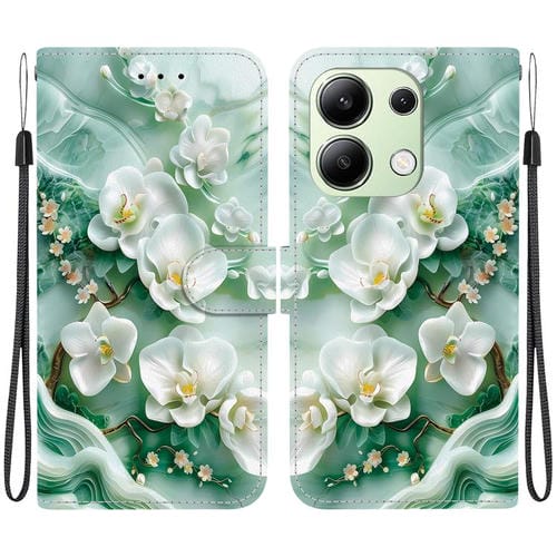 Funda de Cuero con Dibujo de Colores y Textura de Cristal Global para Redmi Note 13 4G (Flores de Jade)
