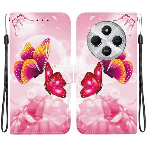 Funda de Cuero con Dibujo de Colores y Textura de Cristal para Redmi 14C 4G (Mariposas Rosas)