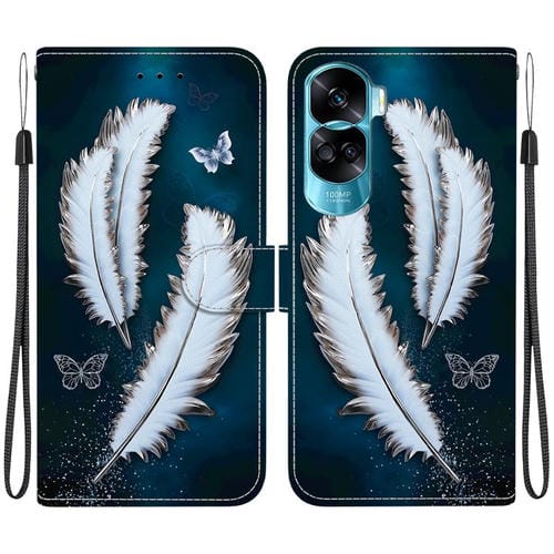 Funda de Cuero para Honor 90 Lite con Dibujo de Colores y Textura de Cristal (Plumas de Mariposa Blancas)