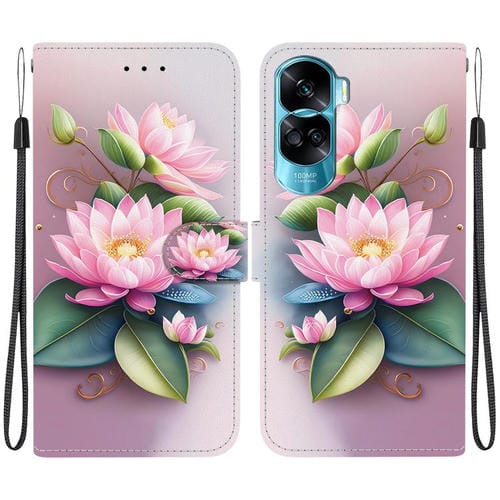 Funda de Cuero Honor 90 Lite con Dibujo Color y Textura de Cristal (Lotus)