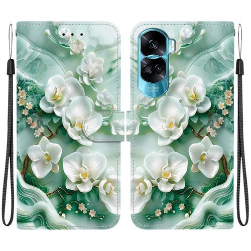 Funda de Cuero Honor 90 Lite con Dibujo de Colores y Textura de Cristal (Flores de Jade)