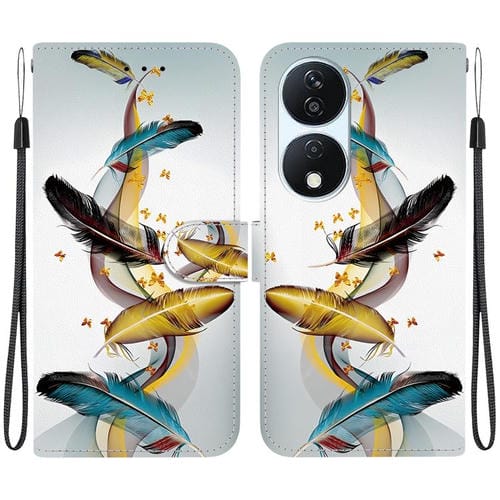 Funda de Cuero con Textura de Cristal y Dibujo para Honor X7B Play 50 Plus (Plumas Doradas)