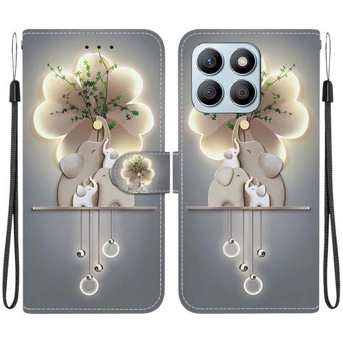 Funda de Cuero para Honor X8B con Dibujo de Elefantes y Textura de Cristal