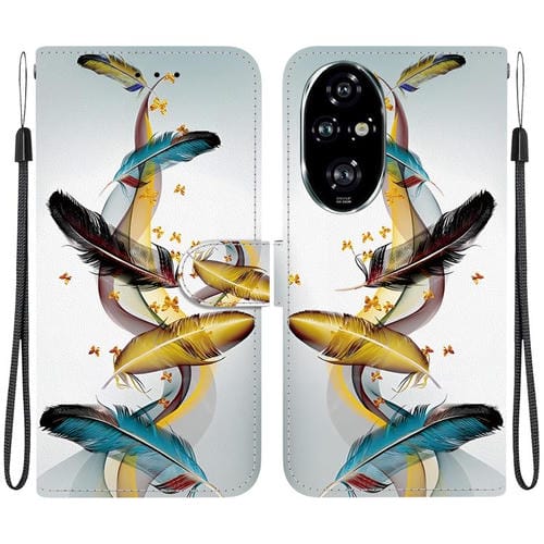 Funda de Cuero para Honor 200 Pro 5G con Dibujo de Colores y Textura de Cristal (Plumas de Mariposa Doradas)