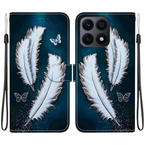 Funda de Cuero Honor X8A con Dibujo de Colores y Textura de Cristal (Plumas de Mariposa Blancas)
