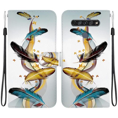 Funda de Cuero para LG K61 con Dibujo de Colores y Textura de Cristal (Plumas de Mariposa Doradas)
