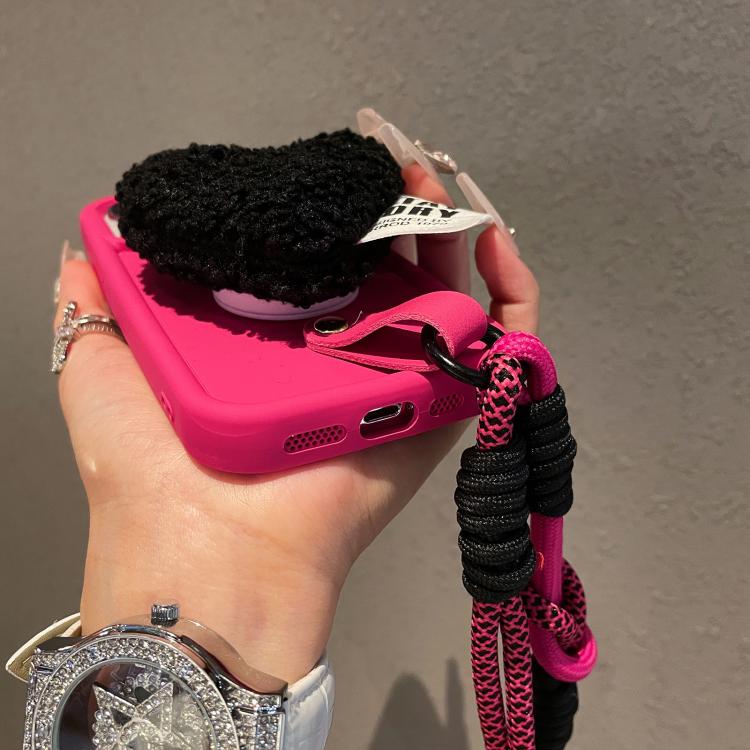 Funda para Teléfono iPhone 11 Pro Max Diseño Corazón Peluche con Cordón (Rosa Rojo)