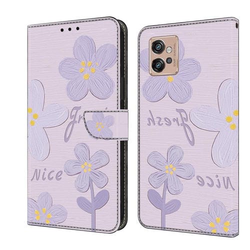 Funda de Cuero Pintada a Mano Motorola Moto G32 con Flores (Morado Oscuro)