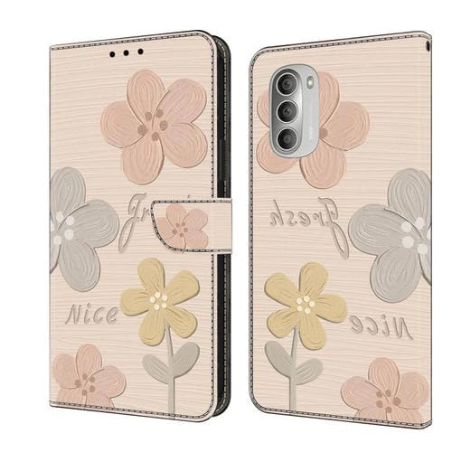 Funda de Cuero Pintada a Mano para Motorola Moto G51 (Flores Beige)