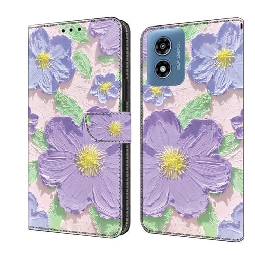 Funda de Cuero Pintada a Mano para Motorola Moto G Play 2024 (Flores Moradas)