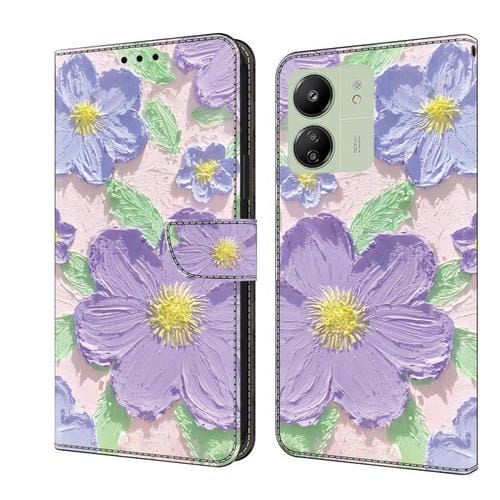 Funda de Cuero Pintada a Mano para Redmi 14C 4G (Pintura al Óleo de Flores Moradas)