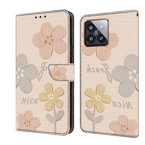 Funda De Piel Pintada Fresca Para Teléfono Xiaomi 14 Pro (Flores Beige)