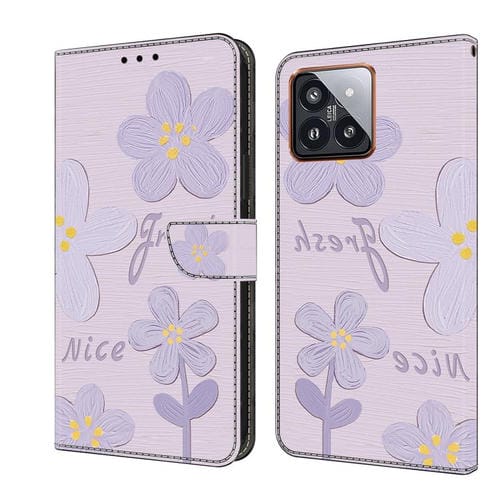 Funda De Cuero Pintada Fresca Para Teléfono Xiaomi 14 Pro (Flores De Color Morado Oscuro)