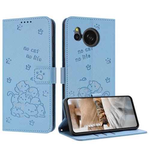 Funda de Cuero para Sharp Aquos Sense 8 con Diseño de Gatito En Relieve y Cordón (Azul)