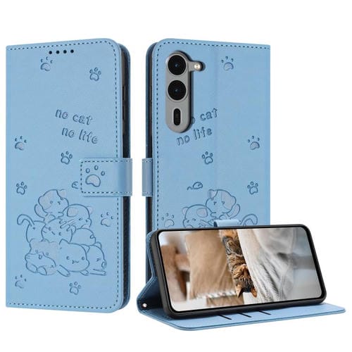 Funda de Cuero con Cordón para Teléfono Fujitsu Arrows We2 F-52E Diseño Gatito En Relieve (Azul)