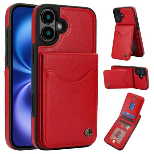 Funda de Cuero con Tapa Vertical para iPhone 16 Awquer con Tarjetero (Rojo)