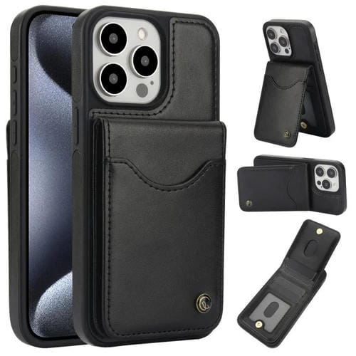Funda para iPhone 15 Pro Awquer Cuero con Tapa Vertical para Tarjetas y Soporte (Negro)