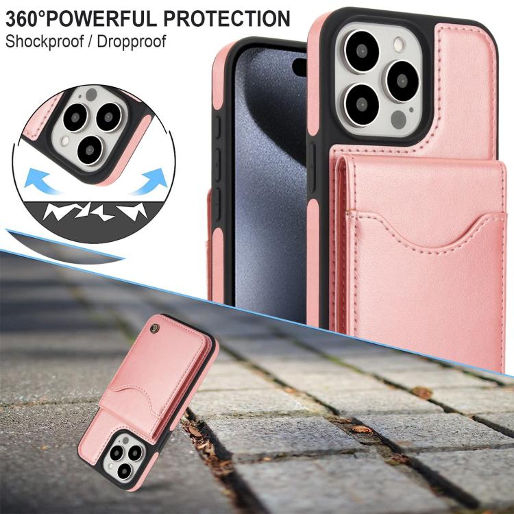 Funda de Cuero con Tapa Vertical Awquer para iPhone 15 Pro con Tarjetero (Oro Rosa)