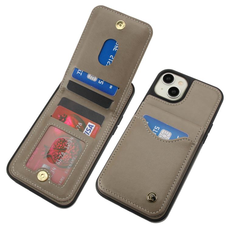 Funda para iPhone 15 Plus Awquer Cuero Tapa Vertical Tarjetas Soporte (Gris)