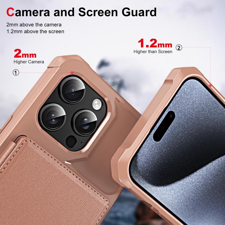 Funda de Cuero con Tapa Horizontal para iPhone 15 Pro Max con Tarjetero (Oro Rosa)