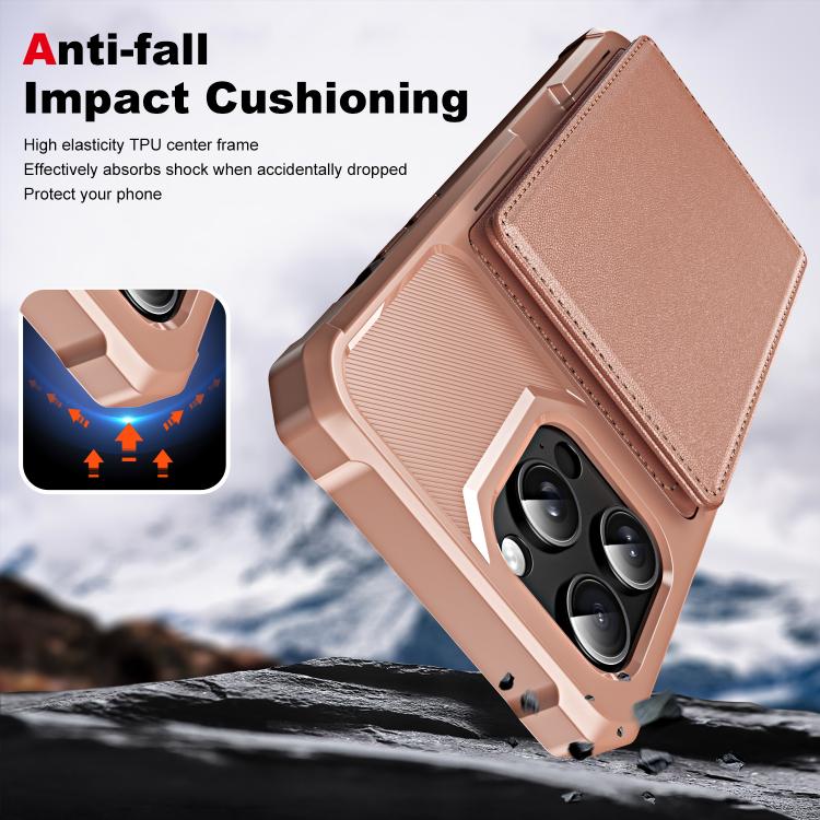 Funda de Cuero con Tapa Horizontal para iPhone 15 Pro Max con Tarjetero (Oro Rosa)