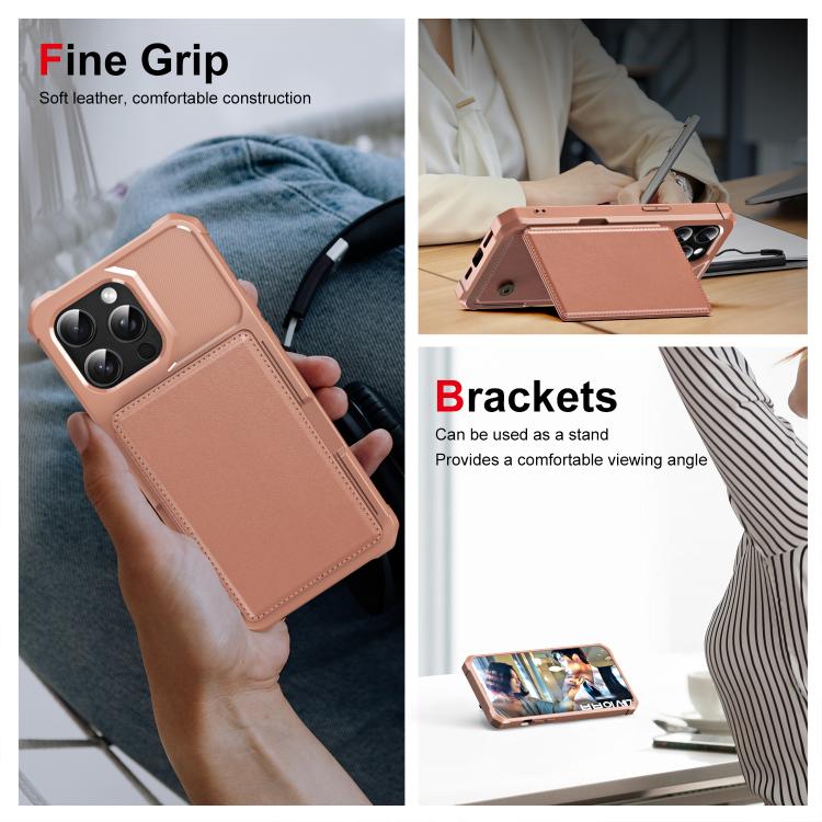 Funda de Cuero con Tapa Horizontal para iPhone 15 Pro Max con Tarjetero (Oro Rosa)