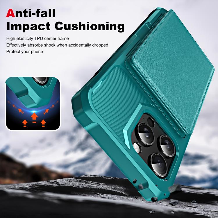 Funda de Cuero con Tapa Horizontal para iPhone 15 Pro Max Tarjetero (Verde Cian)