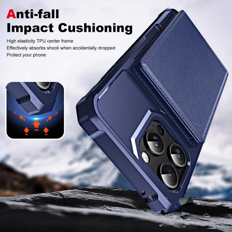 Funda de Cuero para iPhone 15 Pro Max con Tapa Horizontal y Tarjetero (Azul Oscuro)