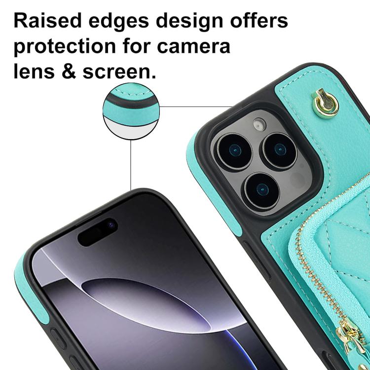 Funda para iPhone 16 Plus Awquer con Cremallera y Bandolera de Piel de Lichi (Verde Menta)