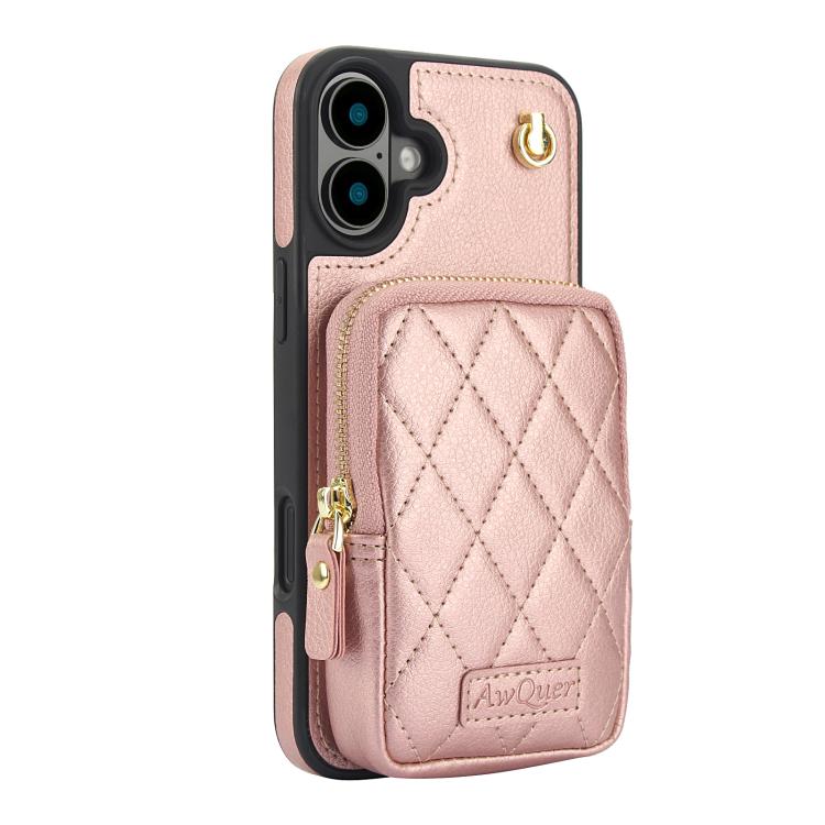 Funda para Teléfono Awquer iPhone 16 Plus Piel de Lichi Cremallera Cartera Cruzada (Oro Rosa)
