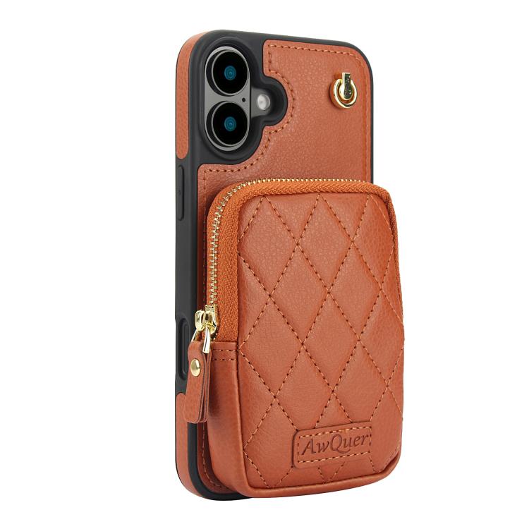 Funda para Teléfono Awquer iPhone 16 Plus Piel de Lichi Cremallera Diseño Cruzado (Marrón)